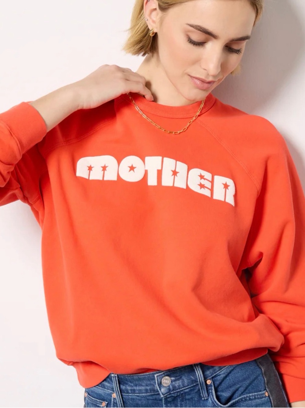 MOTHER Biggie Concert Sweatshirt in Coral Orange with White Logo